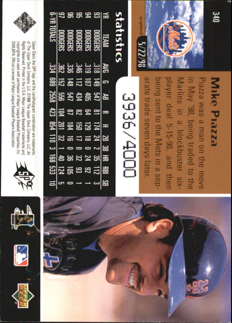 1998 SPx Finite #340 Mike Piazza TW back image