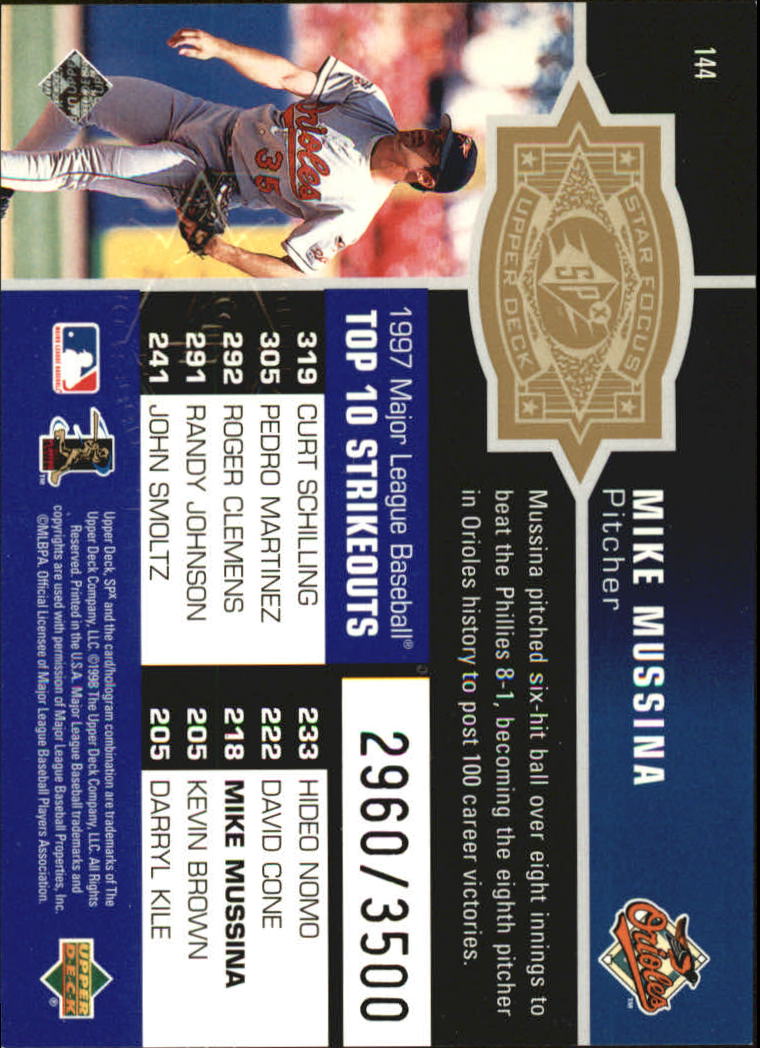 1998 SPx Finite Radiance #144 Mike Mussina SF back image