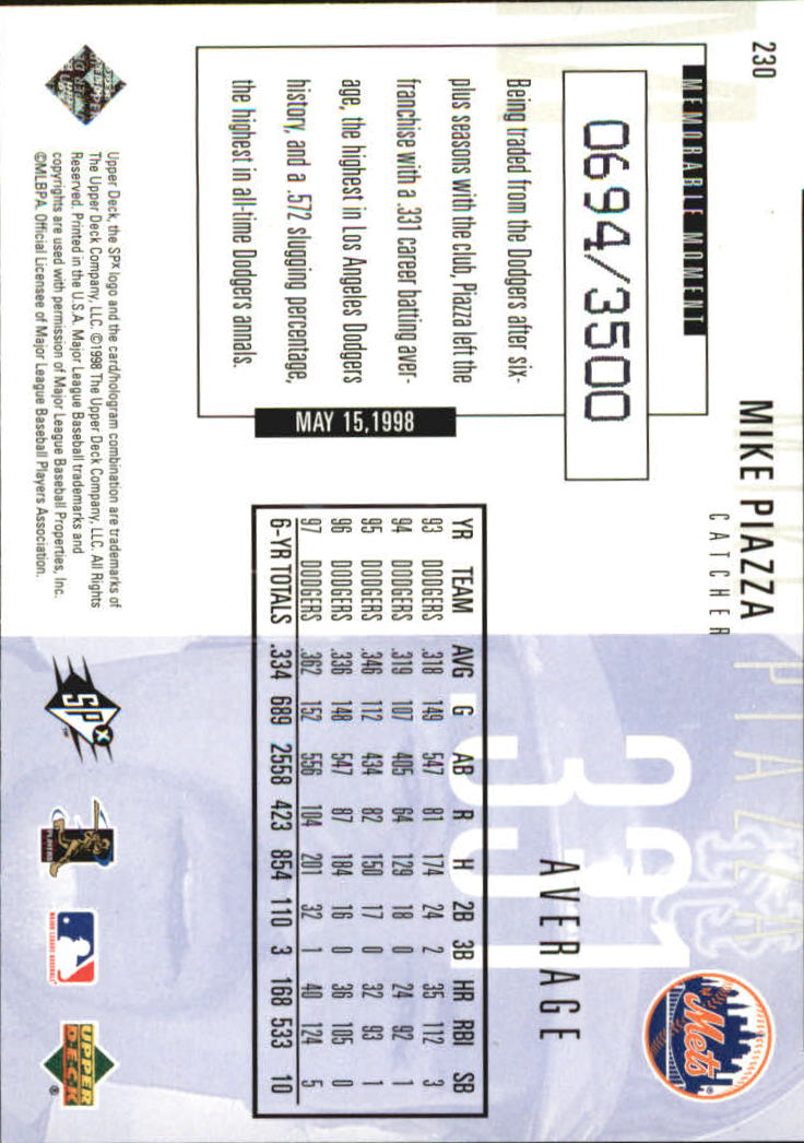 1998 SPx Finite Radiance #230 Mike Piazza PP back image