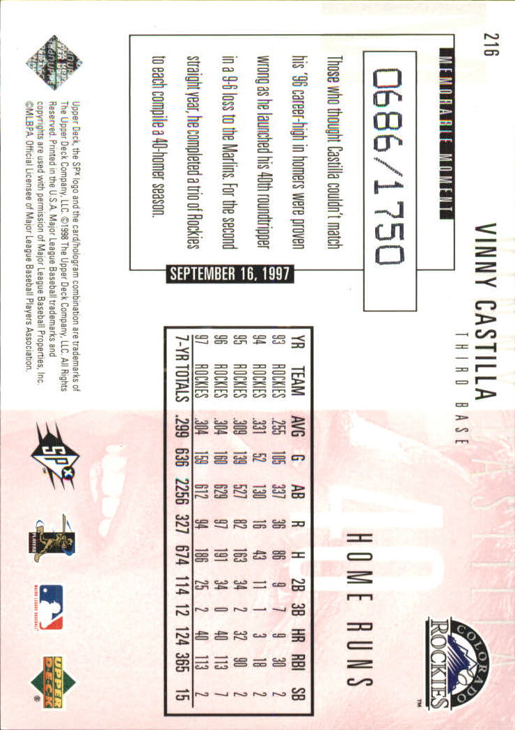 1998 SPx Finite Spectrum #216 Vinny Castilla PP back image