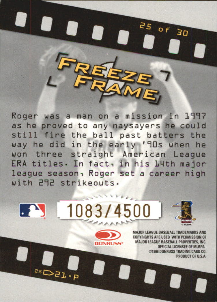 1998 Studio Freeze Frame #25 Roger Clemens back image