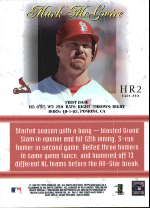1998 Topps Gold Label Home Run Race Black #HR2 Mark McGwire back image