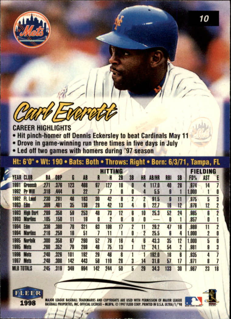 1998 Ultra #10 Carl Everett back image