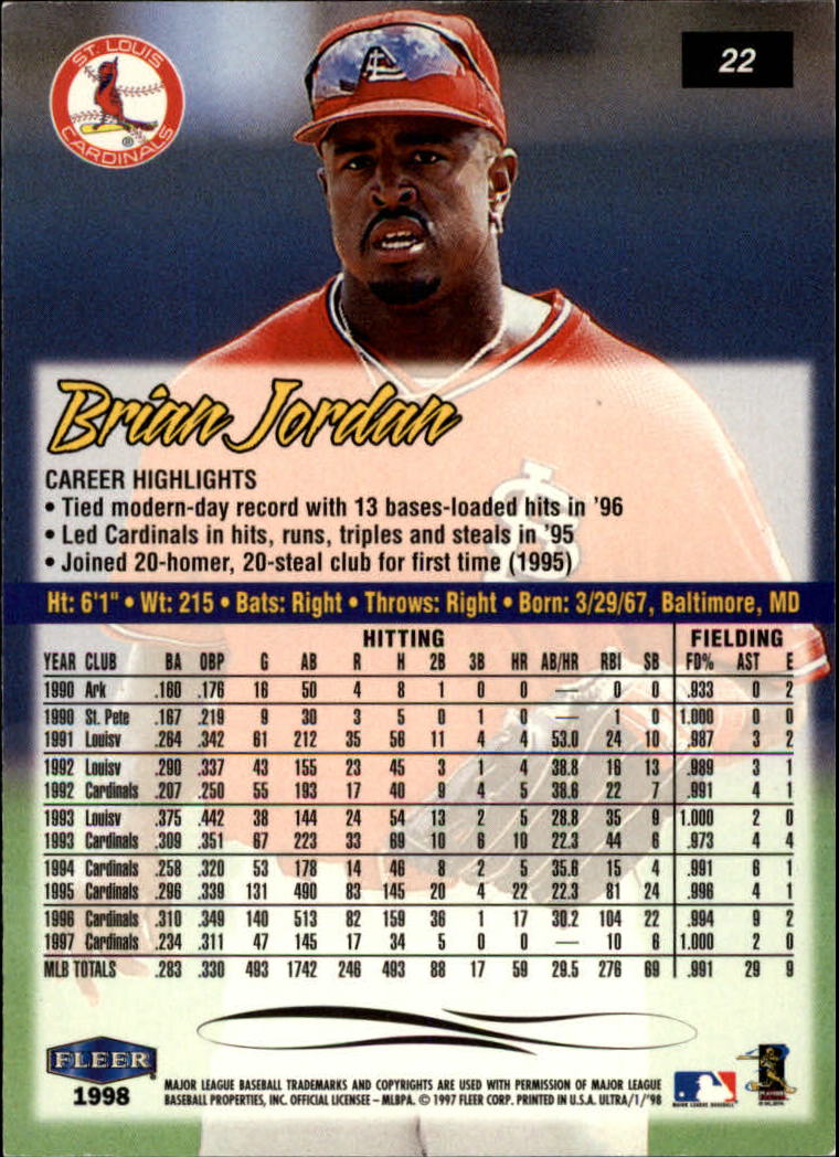1998 Ultra #22 Brian Jordan back image