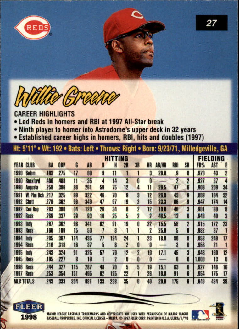 1998 Ultra #27 Willie Greene back image