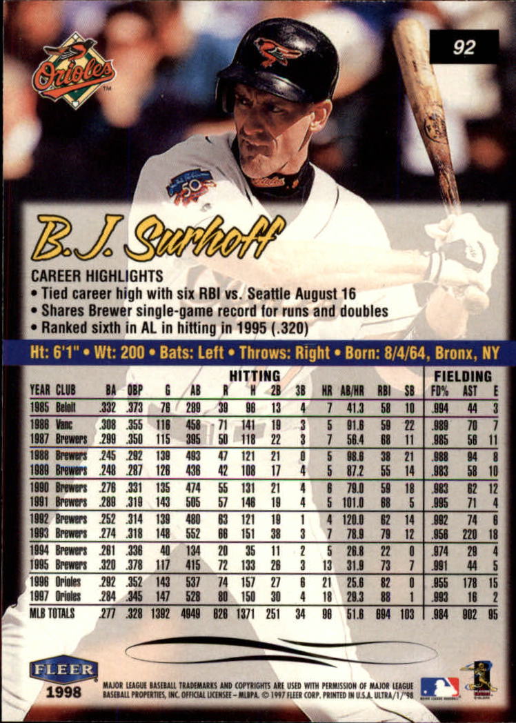 1998 Ultra #92 B.J. Surhoff back image