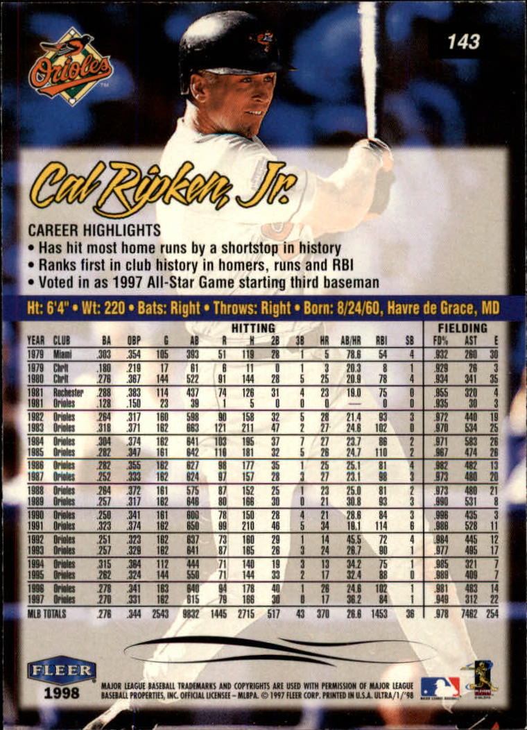 1998 Ultra #143 Cal Ripken back image
