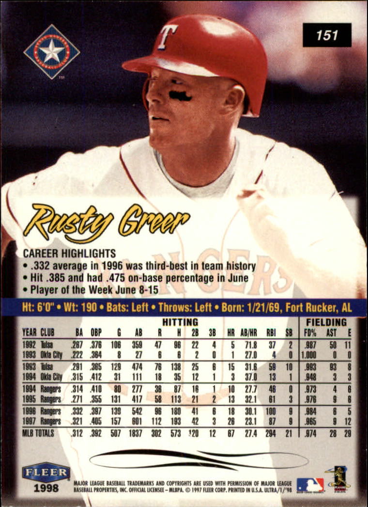 1998 Ultra #151 Rusty Greer back image