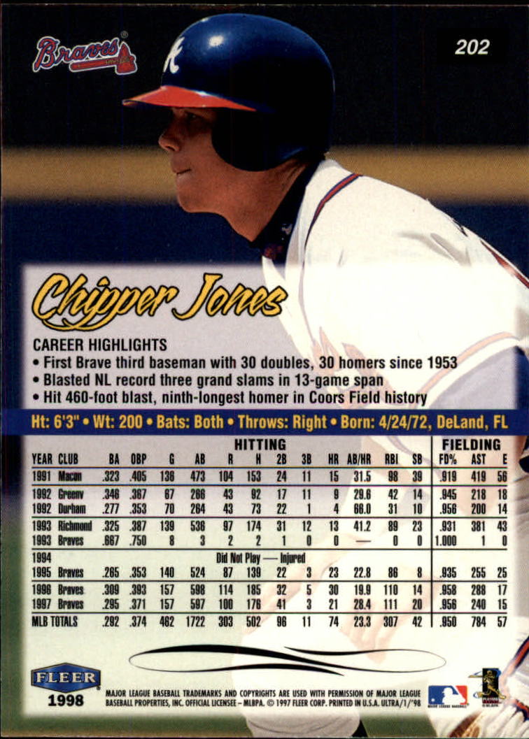 1998 Ultra #202 Chipper Jones back image