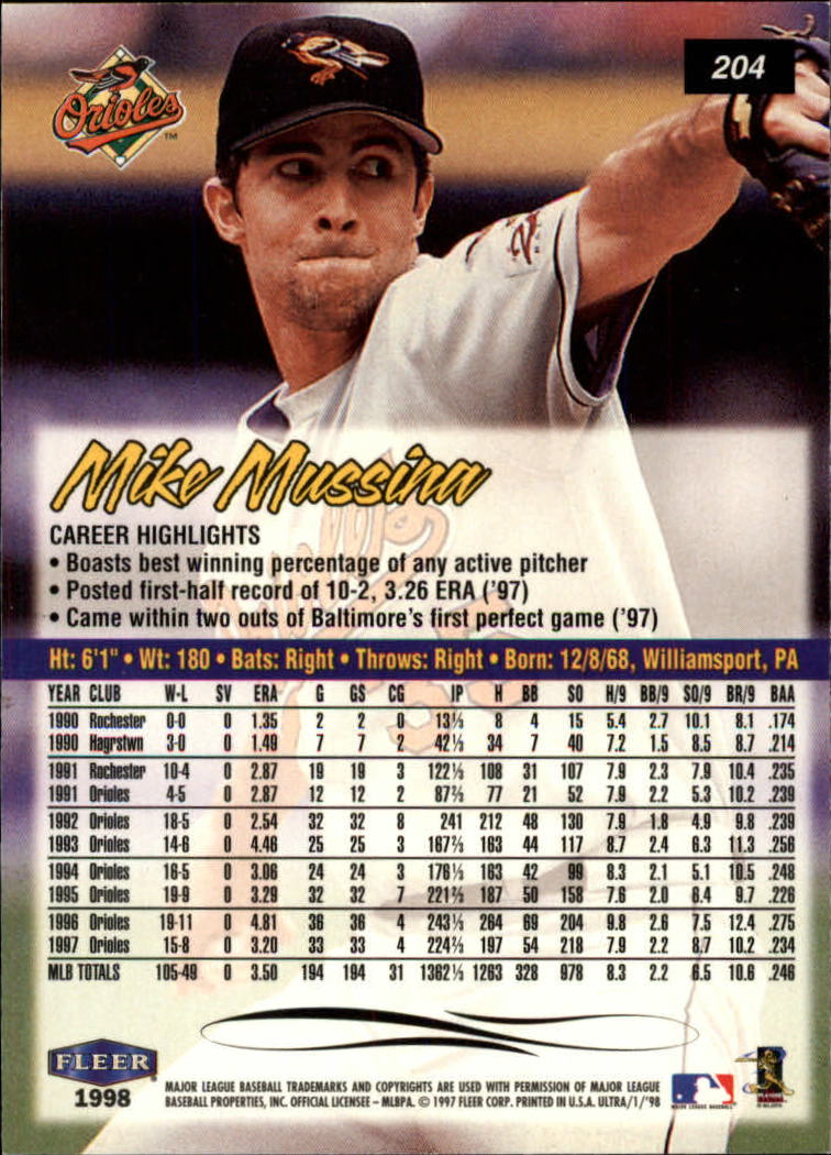 1998 Ultra #204 Mike Mussina back image