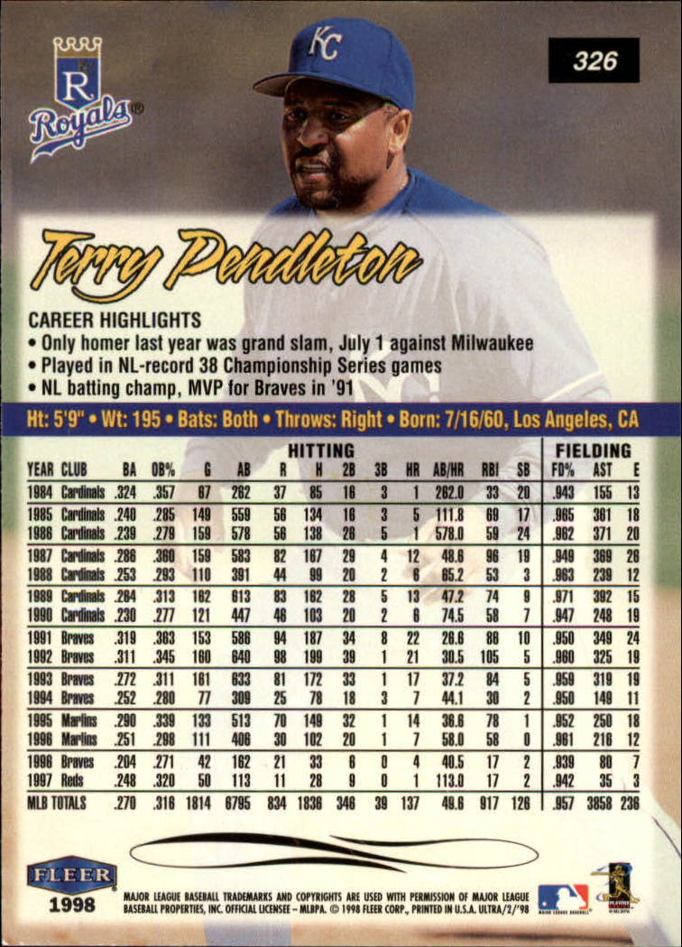 1998 Ultra #326 Terry Pendleton back image