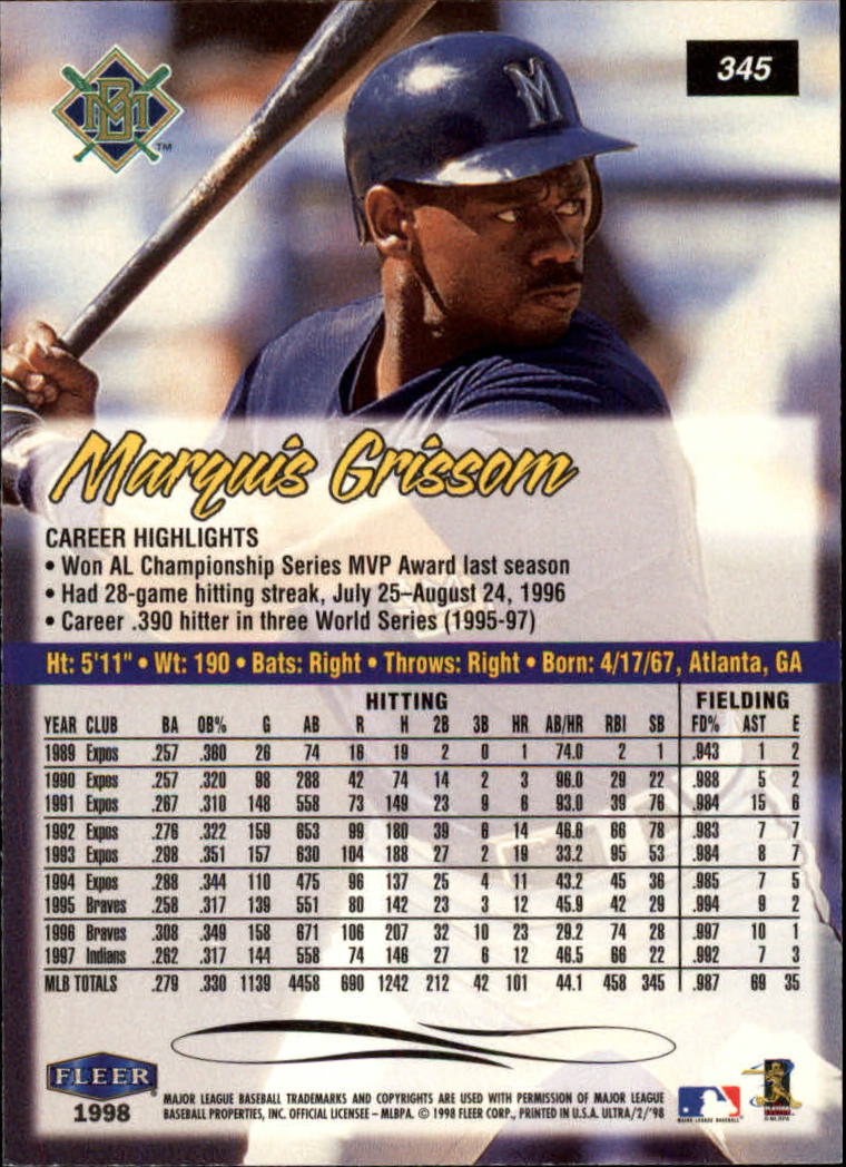 1998 Ultra #345 Marquis Grissom back image