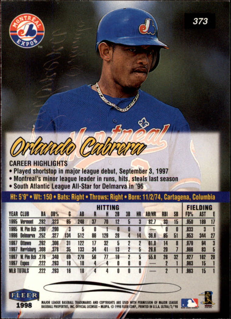 1998 Ultra #373 Orlando Cabrera back image