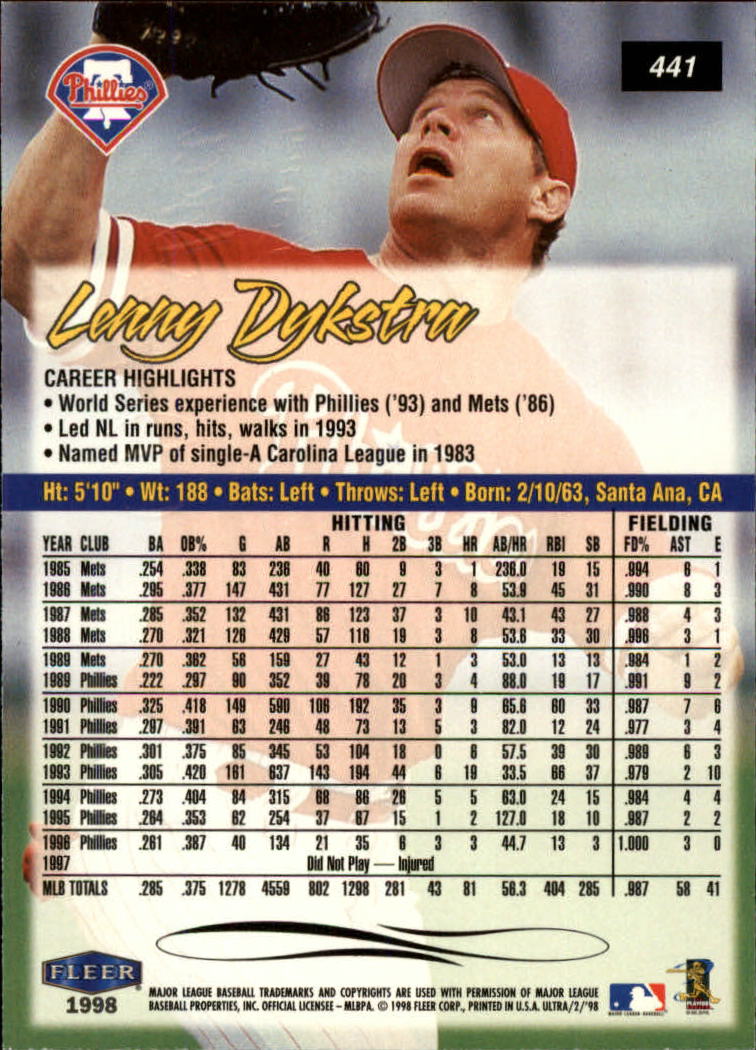 1998 Ultra #441 Len Dykstra back image