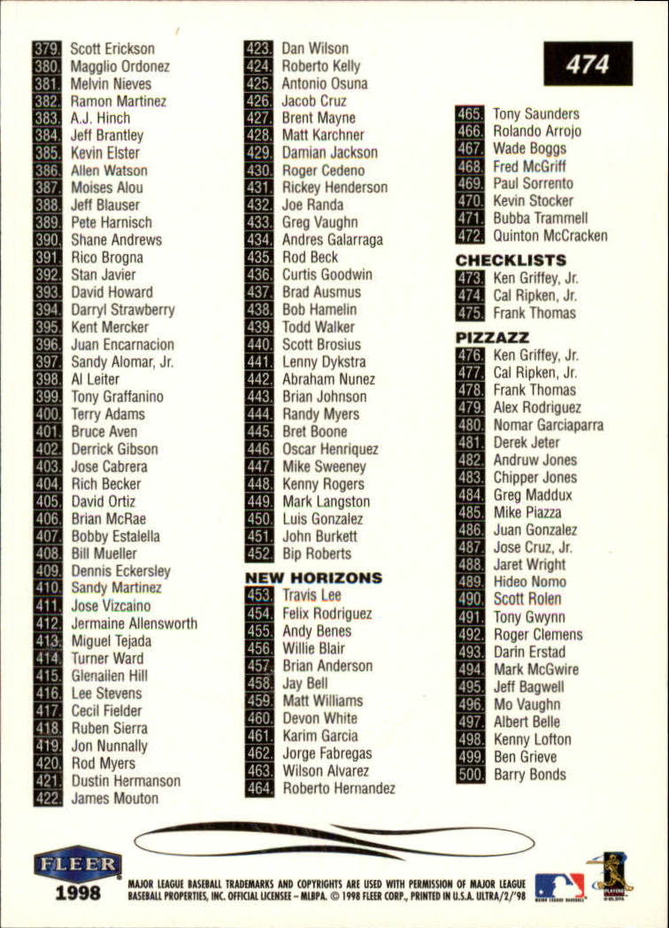 1998 Ultra #474 Cal Ripken CL back image