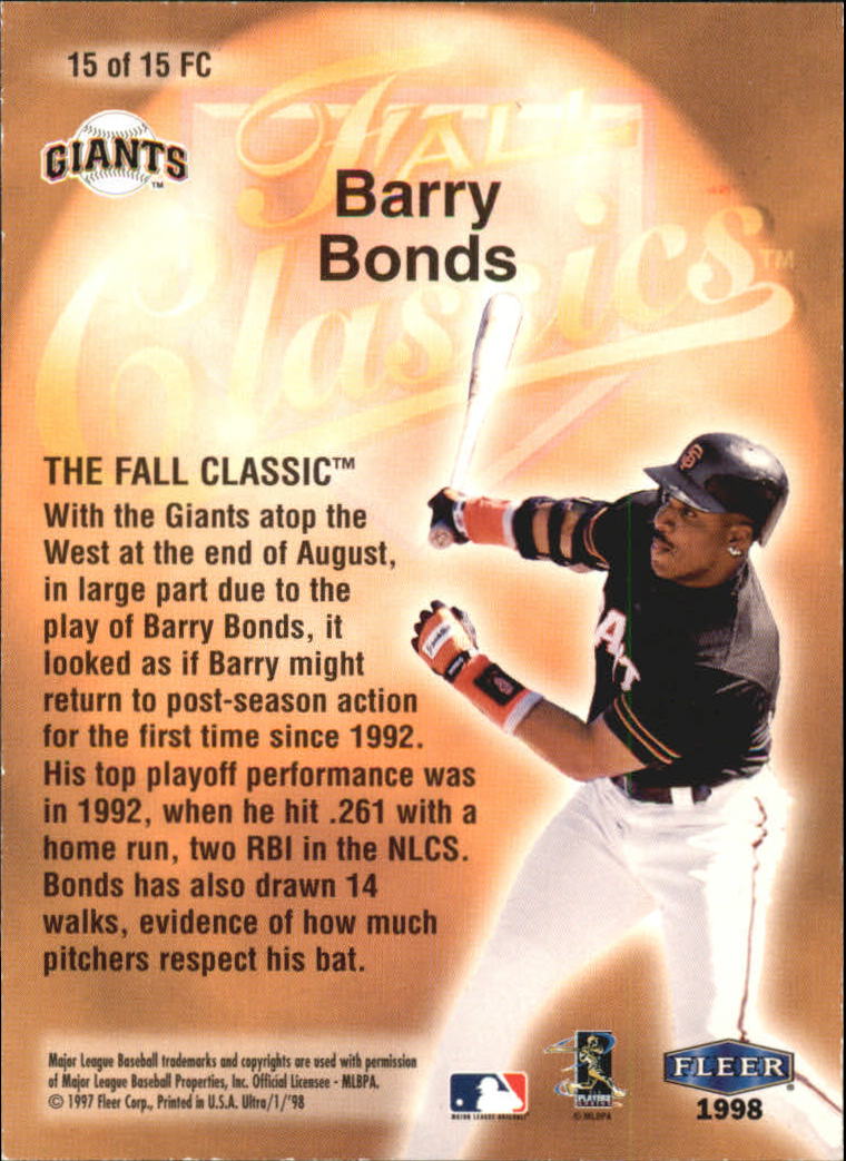 1998 Ultra Fall Classics #15 Barry Bonds back image