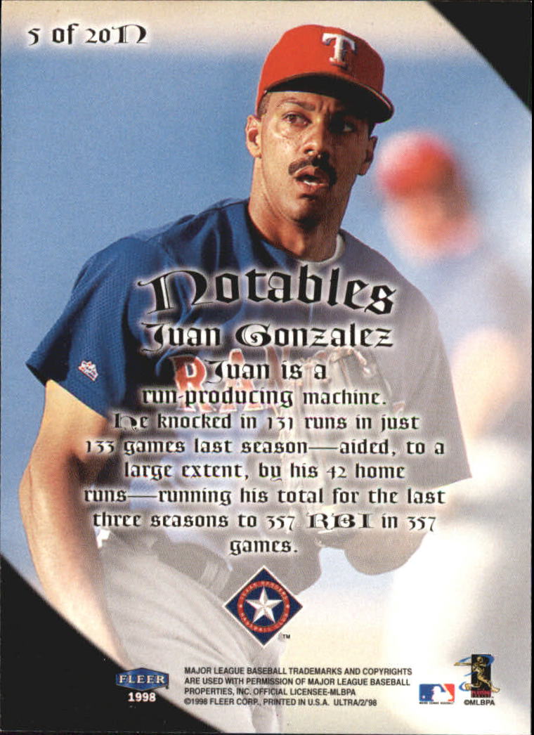 1998 Ultra Notables #5 Juan Gonzalez back image
