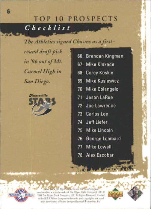 1999 SP Top Prospects #6 Eric Chavez T10 back image