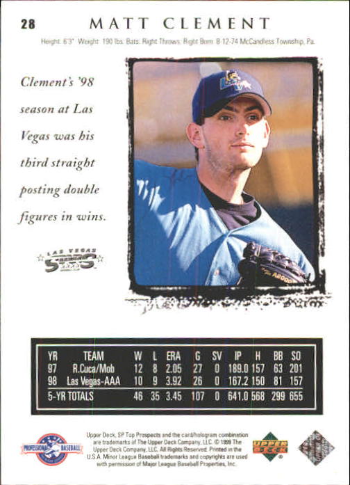 1999 SP Top Prospects #28 Matt Clement back image
