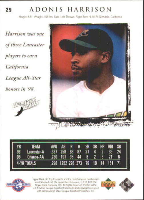 1999 SP Top Prospects #29 Adonis Harrison back image