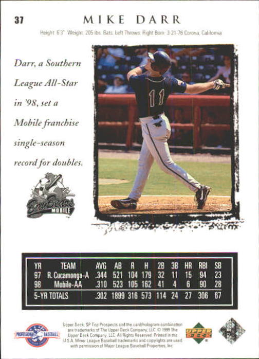 1999 SP Top Prospects #37 Mike Darr back image