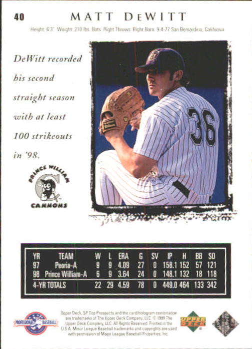 1999 SP Top Prospects #40 Matt DeWitt back image