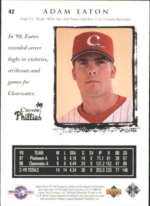 1999 SP Top Prospects #42 Adam Eaton back image