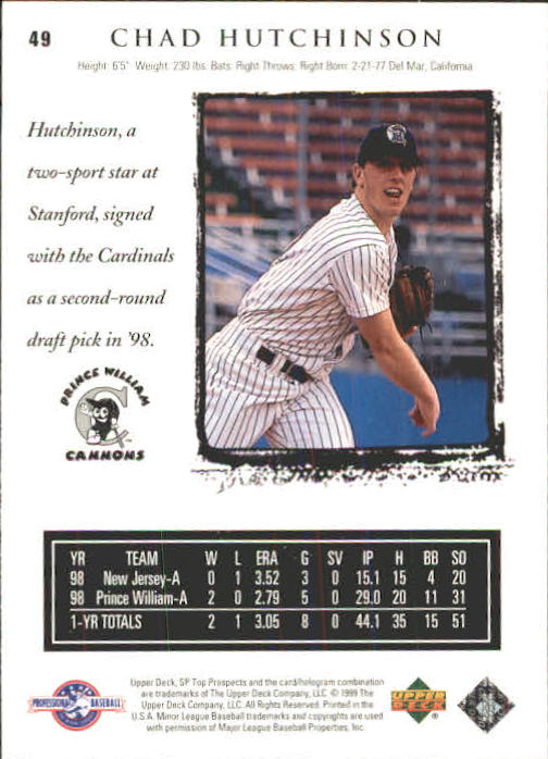 1999 SP Top Prospects #49 Chad Hutchinson back image