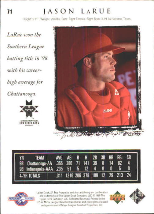 1999 SP Top Prospects #71 Jason LaRue back image