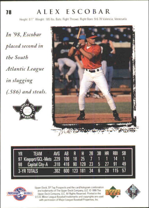 1999 SP Top Prospects #78 Alex Escobar back image