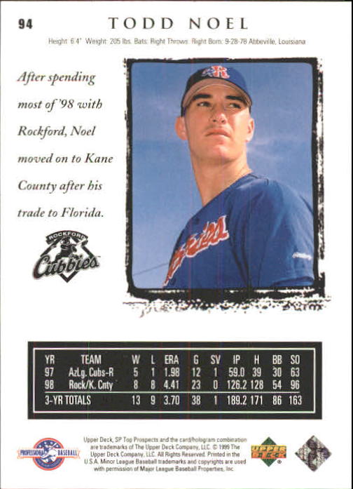 1999 SP Top Prospects #94 Todd Noel back image