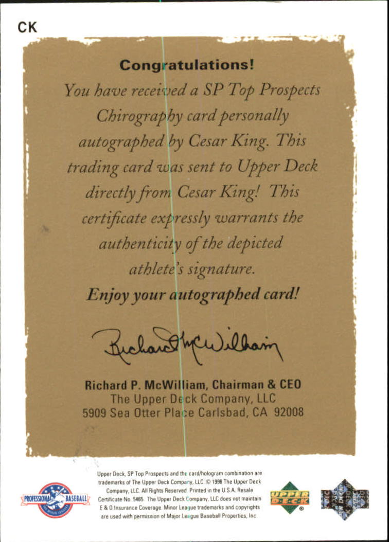 1999 SP Top Prospects Chirography #CK Cesar King back image