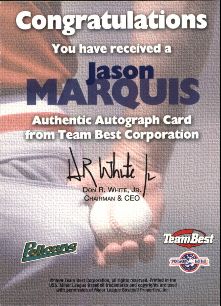 1999 Team Best Autographs #37 Jason Marquis TP back image