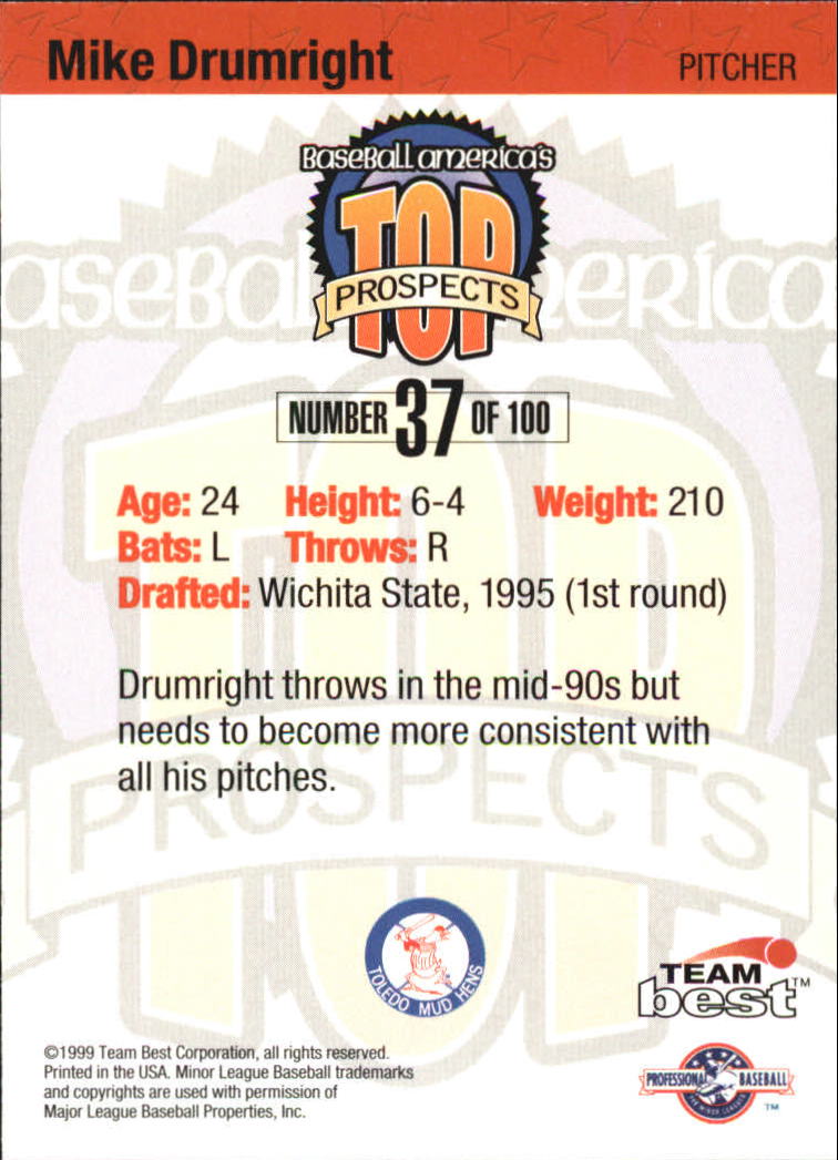 1999 Baseball America Diamond Best Gold #37 Mike Drumright back image