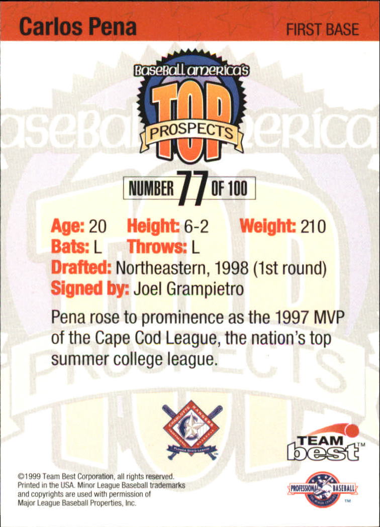 1999 Baseball America Diamond Best Gold #77 Carlos Pena back image