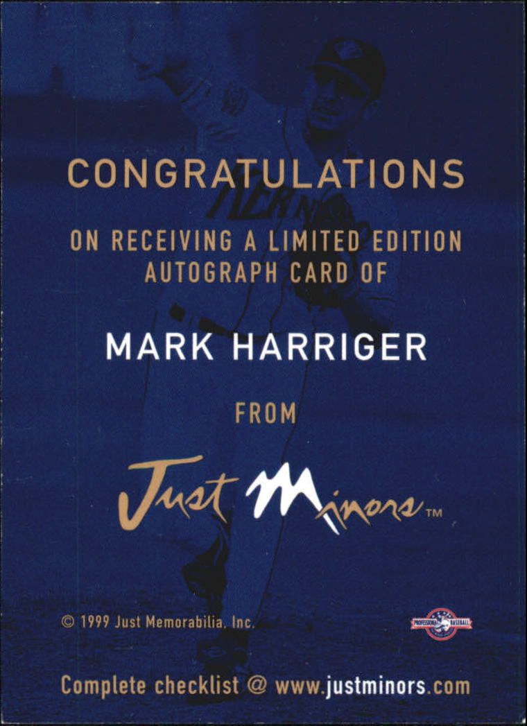 1999 Just Autographs #52 Mark Harriger ST back image