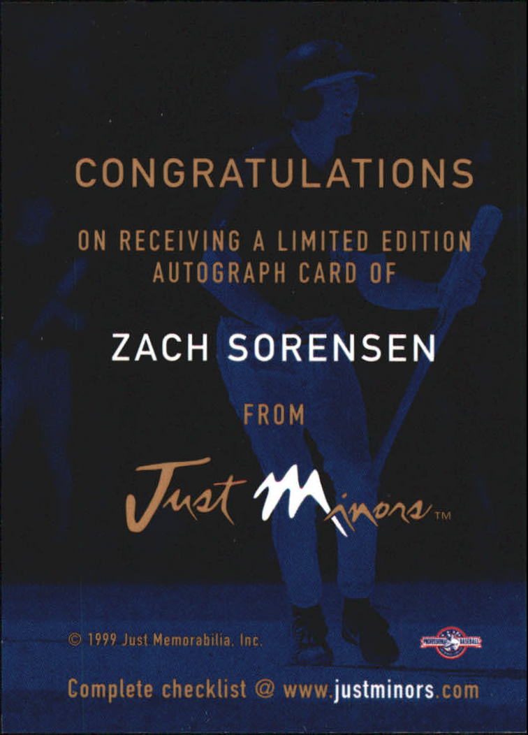 1999 Just Autographs #107 Zach Sorensen IM back image
