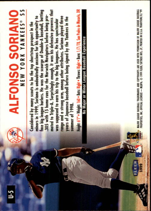 1999 Fleer Tradition Update #U5 Alfonso Soriano RC back image