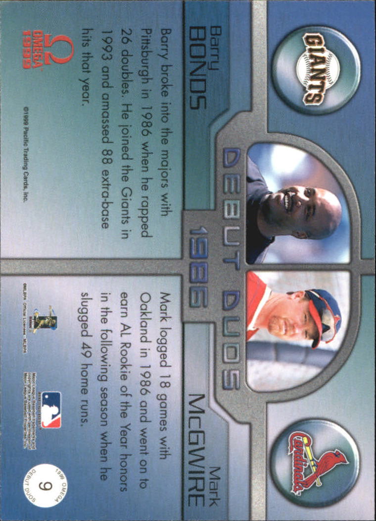 1999 Pacific Omega Debut Duos #9 Barry Bonds/Mark McGwire back image
