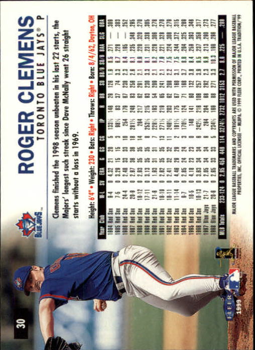 1999 Fleer Tradition #30 Roger Clemens back image