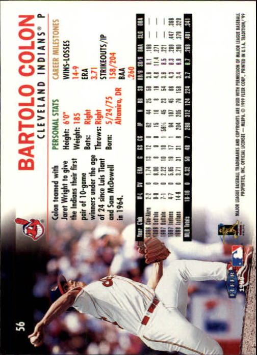 1999 Fleer Tradition #56 Bartolo Colon back image