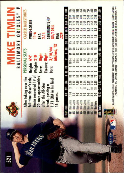 1999 Fleer Tradition Baseball "Main Set" Base Cards #401 to #600 - Picture 241 of 397