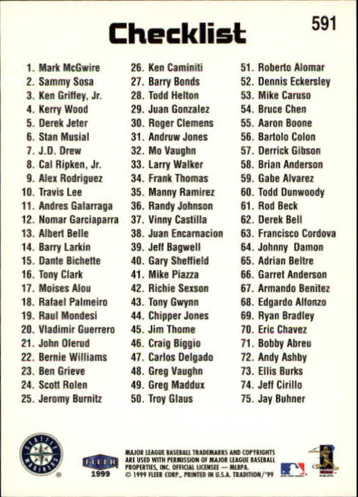 1999 Fleer Tradition Baseball "Main Set" Base Cards #401 to #600 - Picture 381 of 397