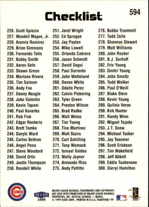 1999 Fleer Tradition Baseball "Main Set" Base Cards #401 to #600 - Picture 387 of 397