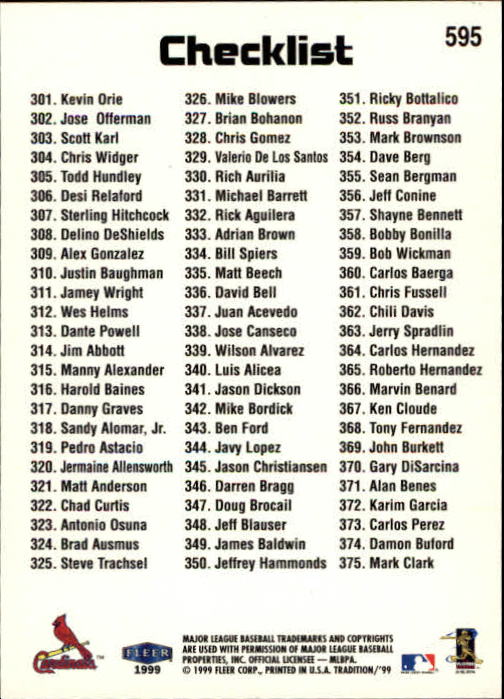 1999 Fleer Tradition Baseball "Main Set" Base Cards #401 to #600 - Picture 389 of 397