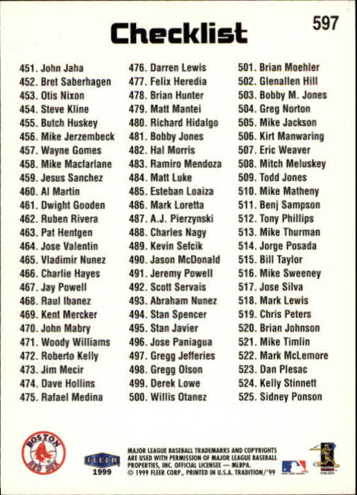 1999 Fleer Tradition Baseball "Main Set" Base Cards #401 to #600 - Picture 393 of 397