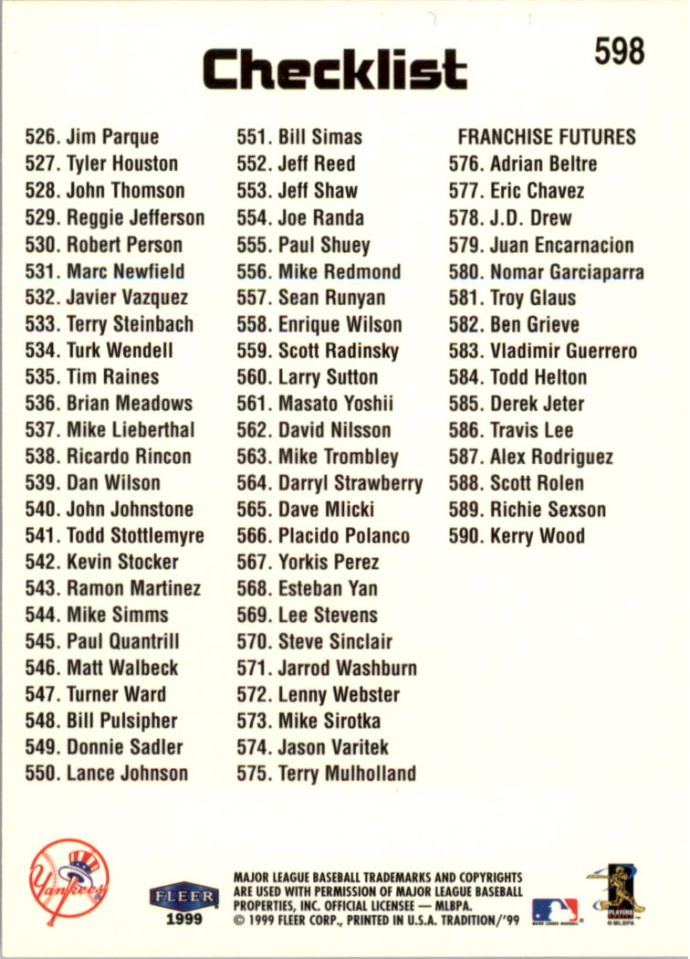 1999 Fleer Tradition Baseball "Main Set" Base Cards #401 to #600 - Picture 395 of 397