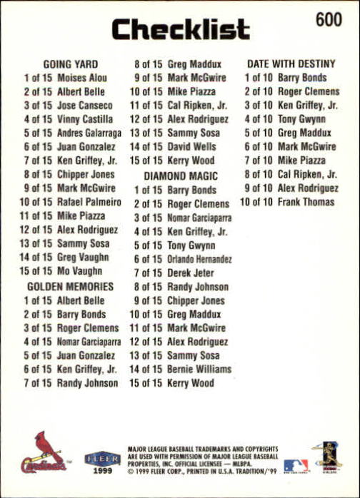 1999 Fleer Tradition Baseball "Main Set" Base Cards #401 to #600 - Picture 397 of 397