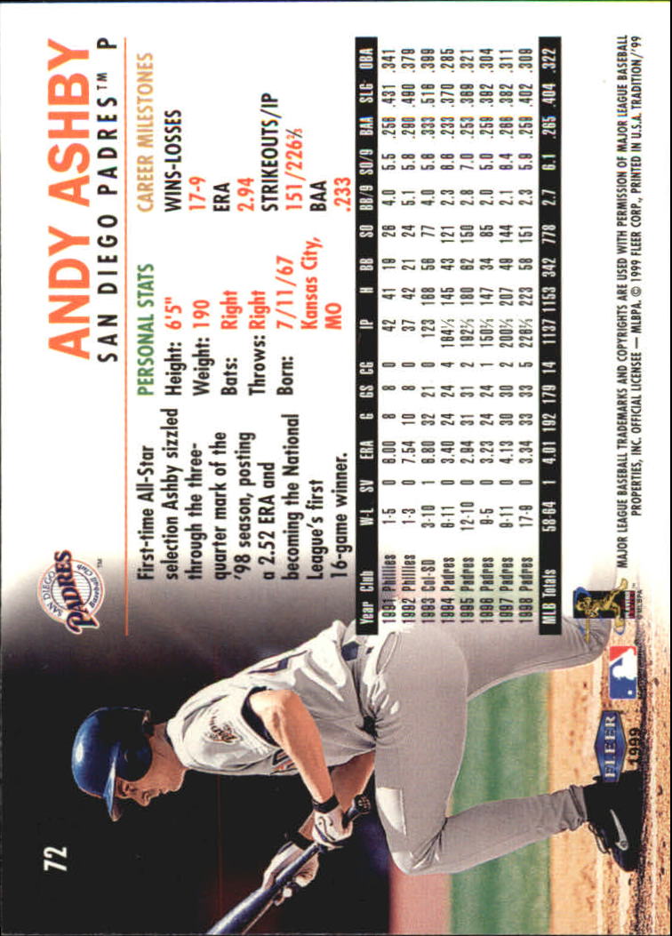 1999 Fleer Tradition Millenium #72 Andy Ashby back image