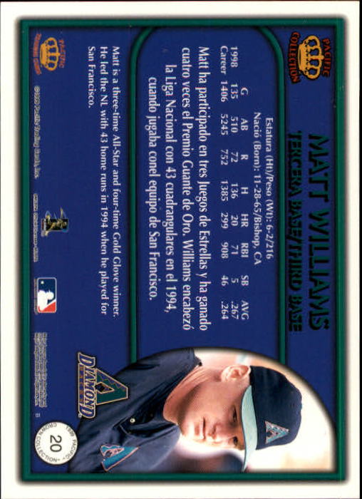 1999 Pacific Crown Collection #20 Matt Williams back image